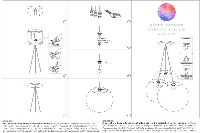 CREATIVECOTTON Three-point height-adjustable LED hanging lamp with handmade cotton balls Aqua version image 6