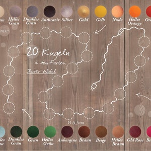 Puede incluir: Un gráfico que muestra 20 colores diferentes de bolas de fieltro, cada una con un nombre alemán. Las bolas de fieltro están dispuestas en un círculo, con los nombres de los colores escritos debajo de cada bola. El gráfico está sobre un fondo de madera. El texto "20 Kugeln in den Farben Ihrer Wahl" está escrito en el centro del gráfico.
