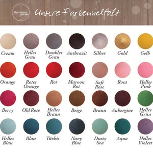 May include: A color chart with 36 different colors of felt fabric. The colors are arranged in rows and columns. The chart is labeled with the names of the colors in German. The chart is 6.5 cm in diameter.