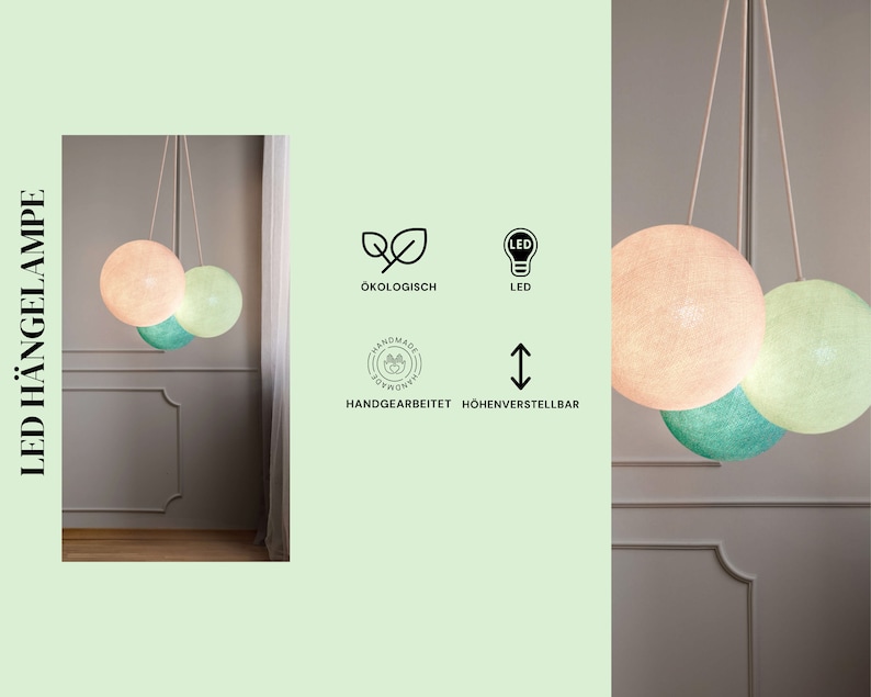 May include: Three round, hanging LED light fixtures made of cotton fabric. The lights are in shades of pink, green, and light blue. The lights are labeled as "LED H&auml;ngelampe", "&Ouml;kologisch", "Handmade", "LED", and "H&ouml;henverstellbar".