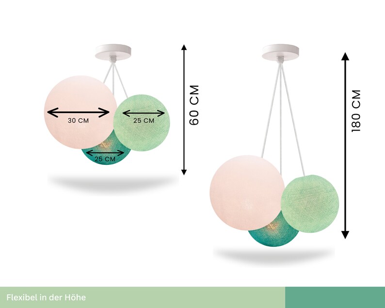 May include: A three-light pendant light fixture with three round cotton ball shades. The shades are in pink, green, and teal. The fixture is adjustable in height from 60 to 180 cm. The largest shade is 30 cm in diameter, and the smaller shades are 25 cm in diameter.