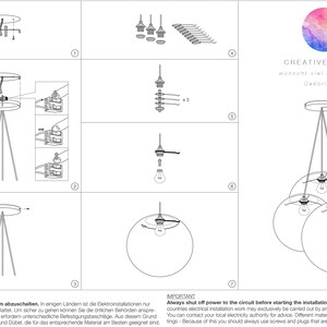 May include: A black and white illustration of assembly instructions for a three-light pendant lamp. The instructions show how to assemble the lamp, including how to connect the wires and install the bulbs. The instructions also include a warning to always shut off the power to the circuit before starting the installation work of the lamp. The text in the image reads "CREATIVECOTTON w&uuml;nscht viel Freude beim Dekorieren!" and "VERSTELLBARE H&Ouml;HE".