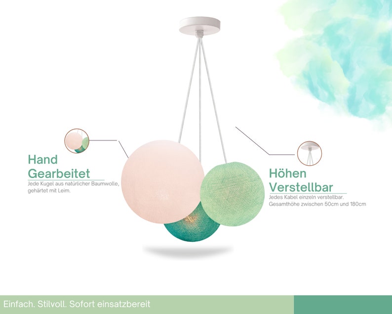 May include: A three-light pendant lamp with white cords and three round fabric shades. The shades are pink, green, and teal. The lamp is adjustable in height, with each cord adjustable from 50 to 180 cm. The lamp is handmade with natural cotton and glued together.