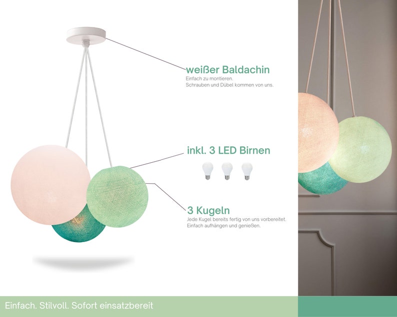 May include: A white ceiling fixture with three hanging cotton ball light shades in pink, green, and teal. The fixture includes three LED bulbs and a white canopy.