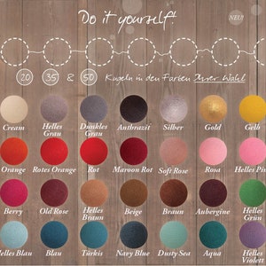 May include: A chart showing 20 different colors of felt balls, each with a German name. The felt balls are 0.65 inches in diameter. The chart is labeled "Do it yourself!" and "Kugeln in den Farben Ihrer Wahl".