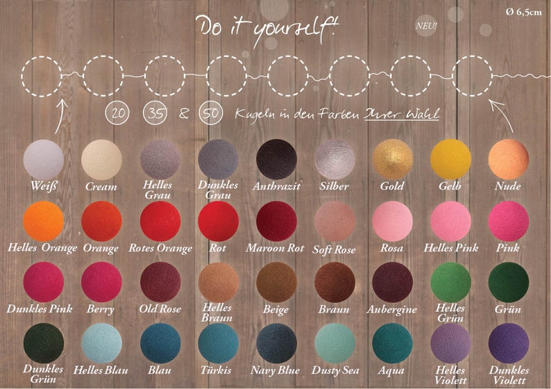 May include: A chart showing 20 different colors of felt balls, each with a German name. The felt balls are 0.65 inches in diameter. The chart is labeled "Do it yourself!" and "Kugeln in den Farben Ihrer Wahl".