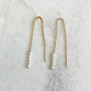 Dainty rice seed pearl and gold filled or sterling silver chain threader earrings white pearl