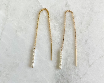 Dainty rice seed pearl and gold filled or sterling silver chain threader earrings