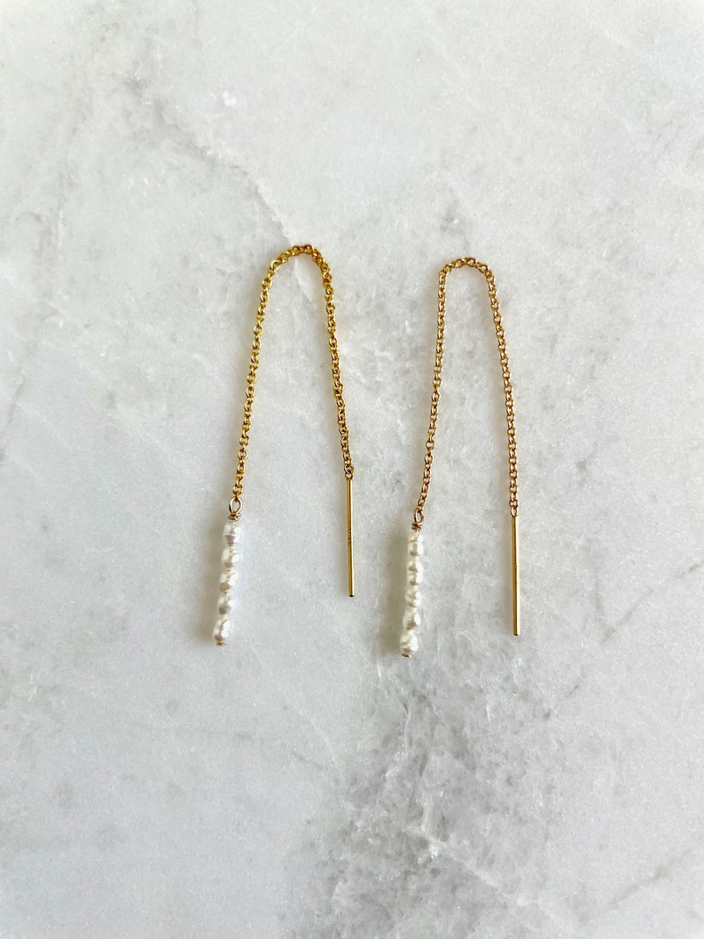 Dainty rice seed pearl and gold filled or sterling silver chain threader earrings white pearl