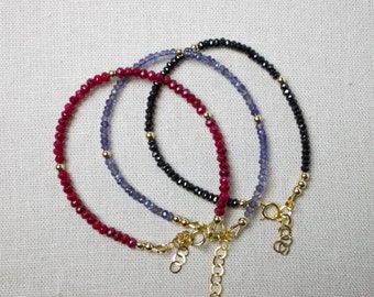 Microrondelle beaded bracelet, iolite, ruby or black spinel with gold filled beads, adjustable clasp