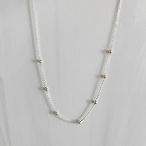 Tiny gold balls and delicate silver chain two tone necklace, dainty mixed metals gold and silver jewelry