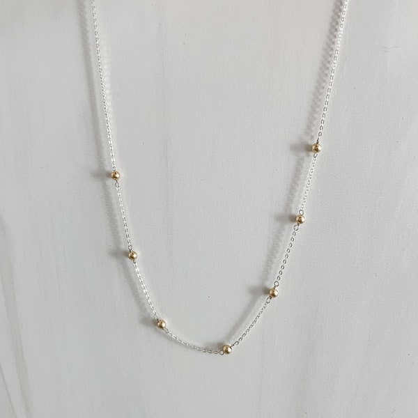 Tiny gold balls and delicate silver chain two tone necklace, dainty mixed metals gold and silver jewelry