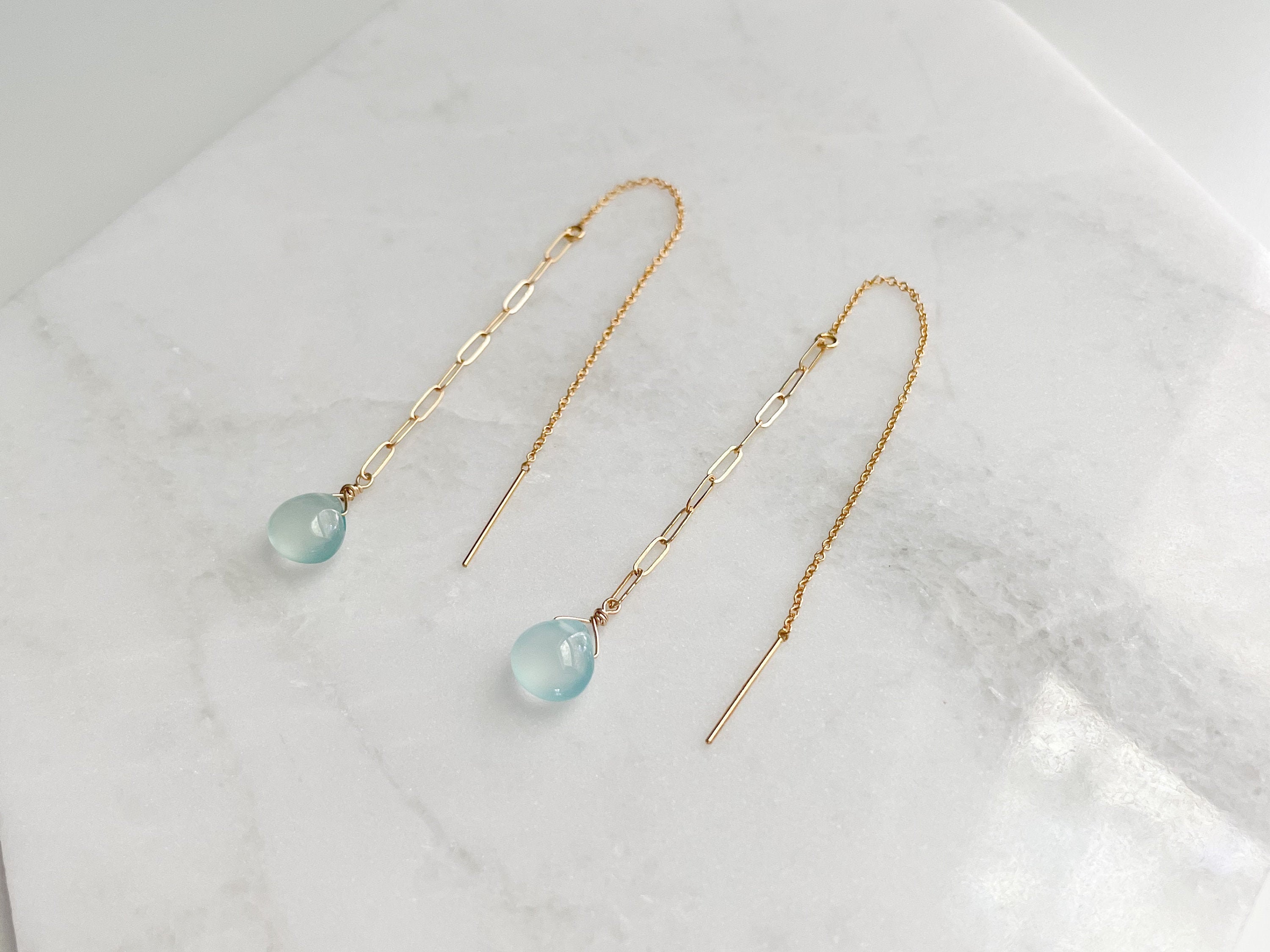 Smooth aquamarine chalcedony drop and gold filled link chain threader earrings, paper clip chain