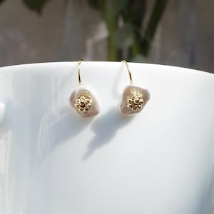Grey Keshi cup pearl no-dangle earrings with gold filled flower and ear wires