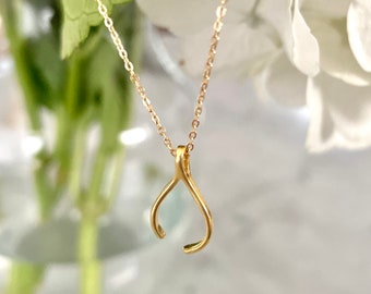 Uneven wishbone charm pendant necklace, matte gold plated on sterling silver charm, gold filled cable chain necklace