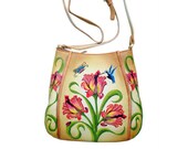 Niarvi Beige Florets Hand Painted Genuine Leather Cross body Bag