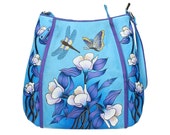 Niarvi Blue Tulip Hand Painted Genuine Leather Cross Body Bag