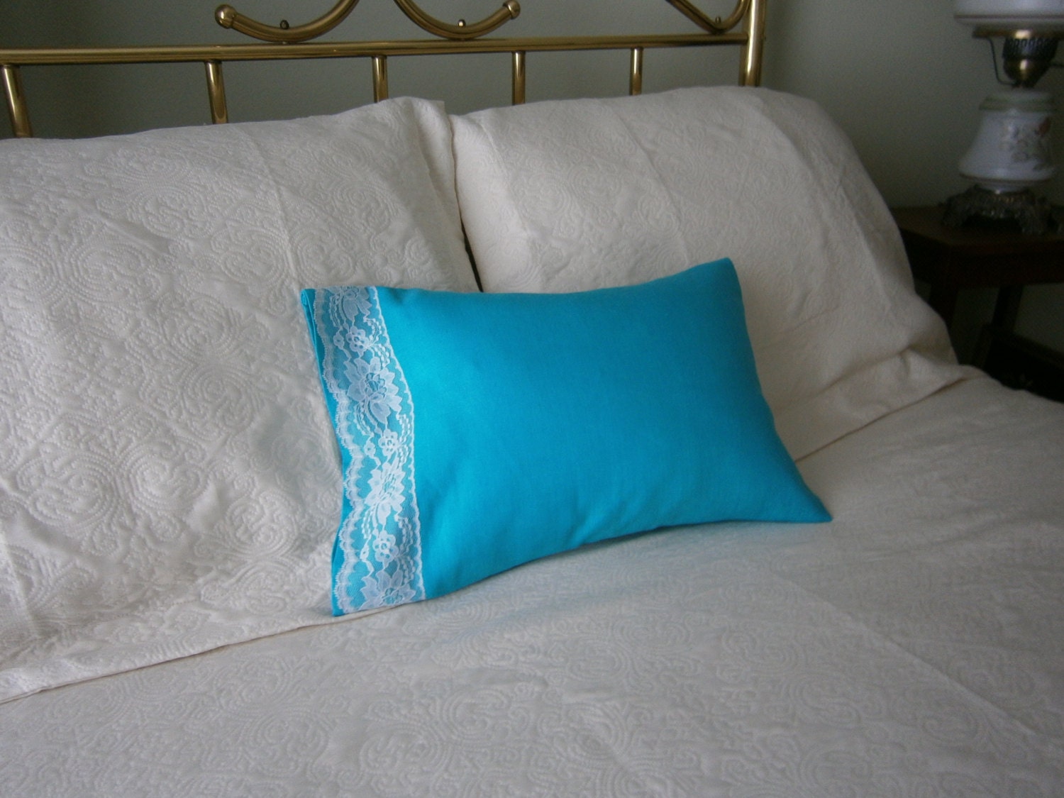 Aqua Boudoir Case w/Lace Linen Boudoir Pillow Case Lace Etsy
