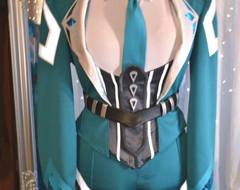 White Celestial Fox Three Piece Suit, Luxury Fantasy Military Womenswear, Elegant Gamer Couture Outfit