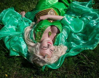 Ready to Ship Green Elven Fantasy Dress, Fairy Princess Gown, Forest Wedding Dress, Cottagecore Corset Dress, Renaissance Fantasy Outfit
