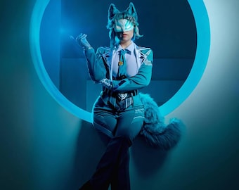 White Celestial Fox Three Piece Suit, Luxury Fantasy Military Womenswear, Elegant Gamer Couture Outfit