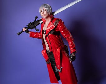 Dante Inspired Cosplay Coat, Red Leather Demon Hunter Jacket, Gothic Fantasy Long Coat, Men’s Custom Costume, Game Inspired Outfit