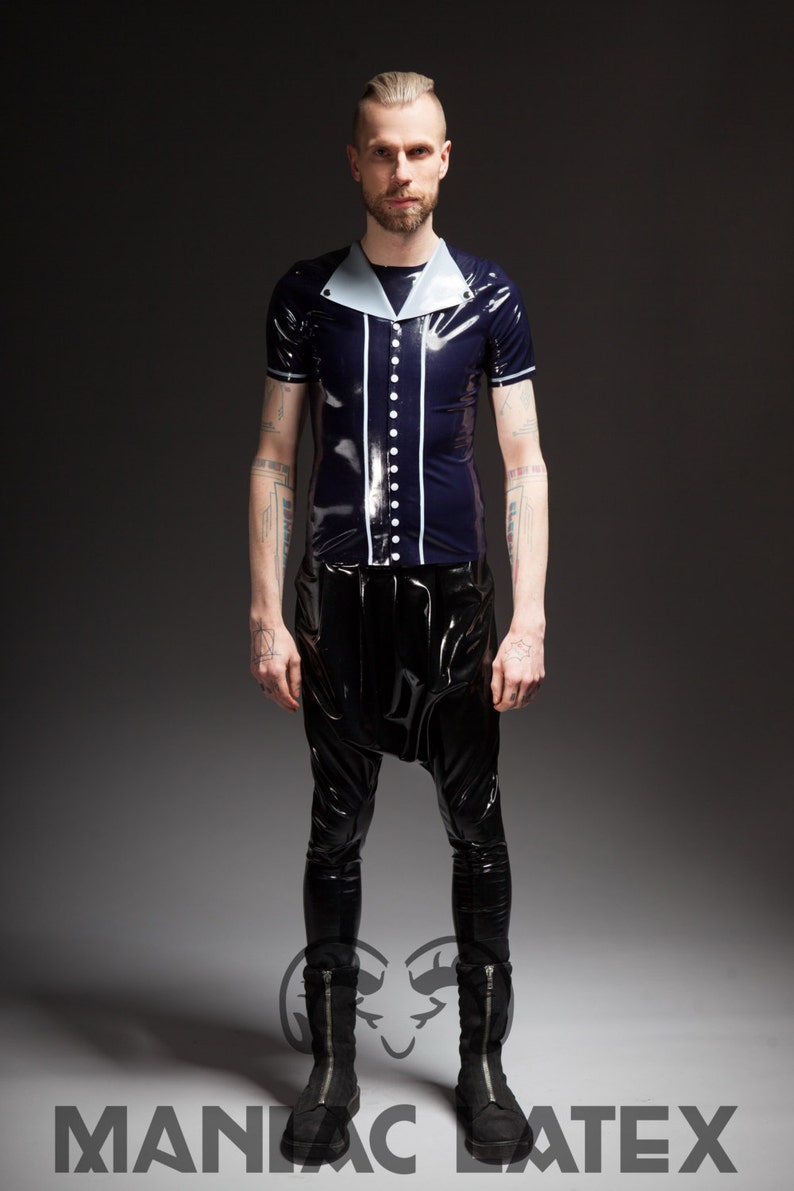 SAMPLE SALE Latex shirt Button Down in navy bluegrey size SM by Maniac Latex
