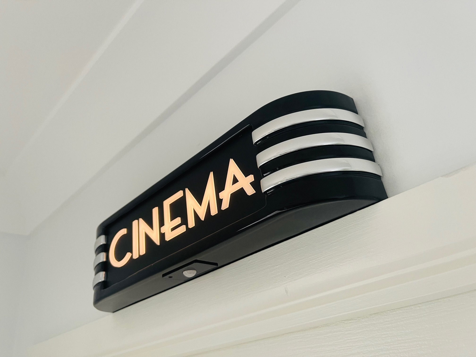 Cinema Light Box BATTERY POWERED 14" Sign for Home Movie Cinema with 3D Raised Art deco Lettering 3D Gloss Black Free Shipping