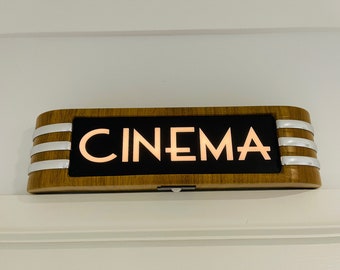 BATTERY POWERED Cinema Light Box 14" Sign Medium Oak for Home Movie Cinema with 3D Raised Art deco Lettering Free Shipping