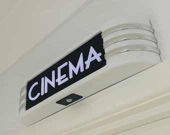 NEW ! Cinema Light Box BATTERY POWERED 14" Sign for Home Movie Cinema with 3D Raised Art deco Lettering 3D Gloss White Free Shipping