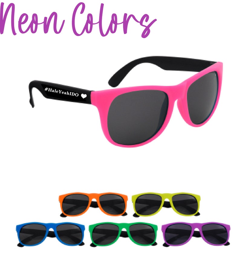 Personalized Neon Color frames & black arm sunglasses perfect for weddings, camps, family reunions, decade parties and more.