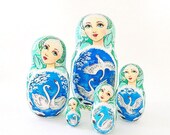 White Swans cute nesting dolls matryoshka, russian wooden 5 pcs stacking painted dolls pretty faces girls