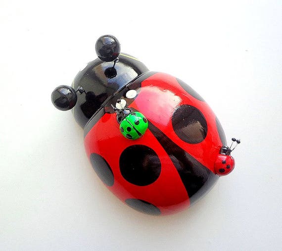 Big Wooden Ladybug Fridge Magnet Red Green Ladybugs Kitchen Etsy