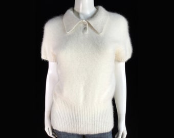 Fuzzy 75/% Angora Vintage LIMITED Black Short-Sleeve Polo-Collar Sweater 36-Bust