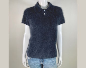 Fuzzy 75/% Angora Vintage LIMITED Black Short-Sleeve Polo-Collar Sweater 36-Bust
