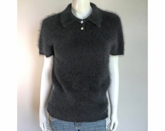 Fuzzy 75/% Angora Vintage LIMITED Black Short-Sleeve Polo-Collar Sweater 36-Bust