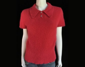 Fuzzy 75/% Angora Vintage LIMITED Black Short-Sleeve Polo-Collar Sweater 36-Bust