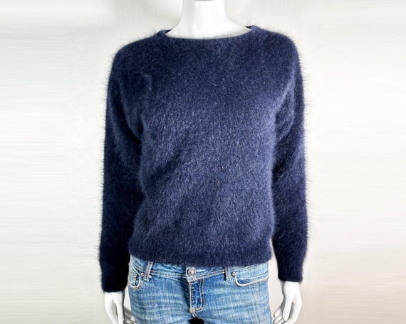 70% Angora Fuzzy Vintage Schwarz UNO UNA Langarm Pullover 34