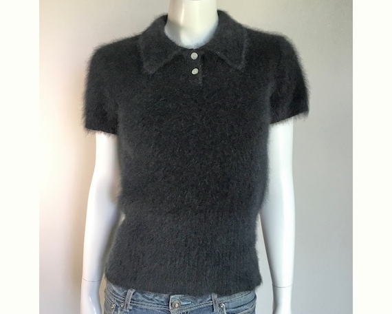 75% Angora Fuzzy LIMITED Black Polo-Collar Sweate… - image 1