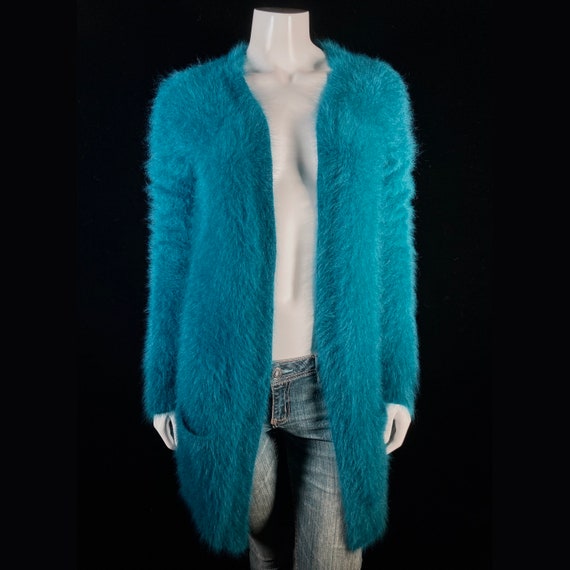 80% Angora Fuzzy THEORY Teal Blue Open-Front Dust… - image 2