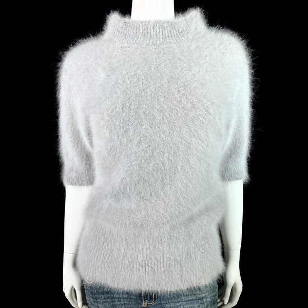 70% Angora Fuzzy Vintage Newport News JEANOLOGY Gray Short Sleeve Pullover Sweater 38"-Bust