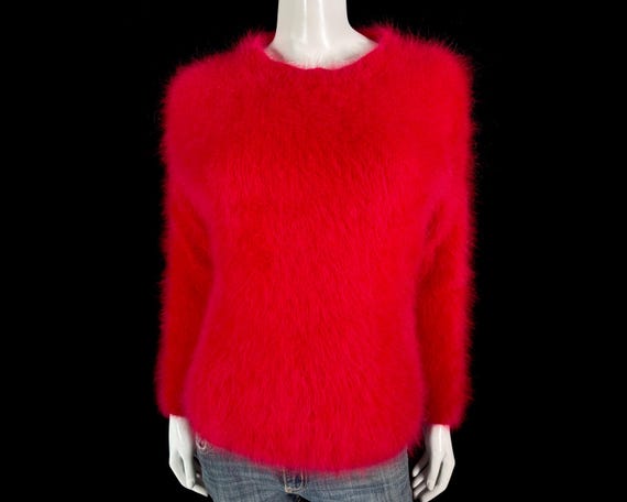 80 angora flou vintage rouge à manches longues pull 40