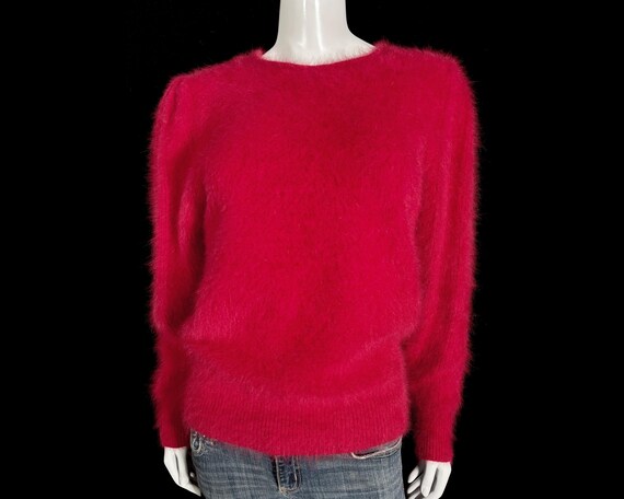 80% angora flou vintage VENESHA rouge à manches bouffantes pull 36