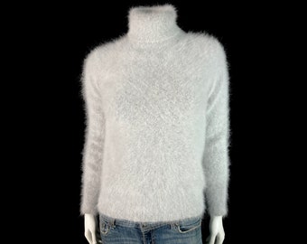 80% Angora Fuzzy Vintage Gray Long-Sleeve Turtleneck Sweater 32" Bust