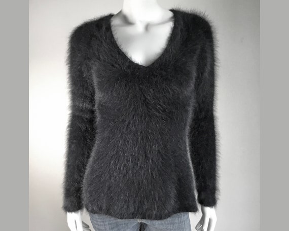 Fuzzy 75/% Angora Vintage LIMITED Black Short-Sleeve Polo-Collar Sweater 36-Bust