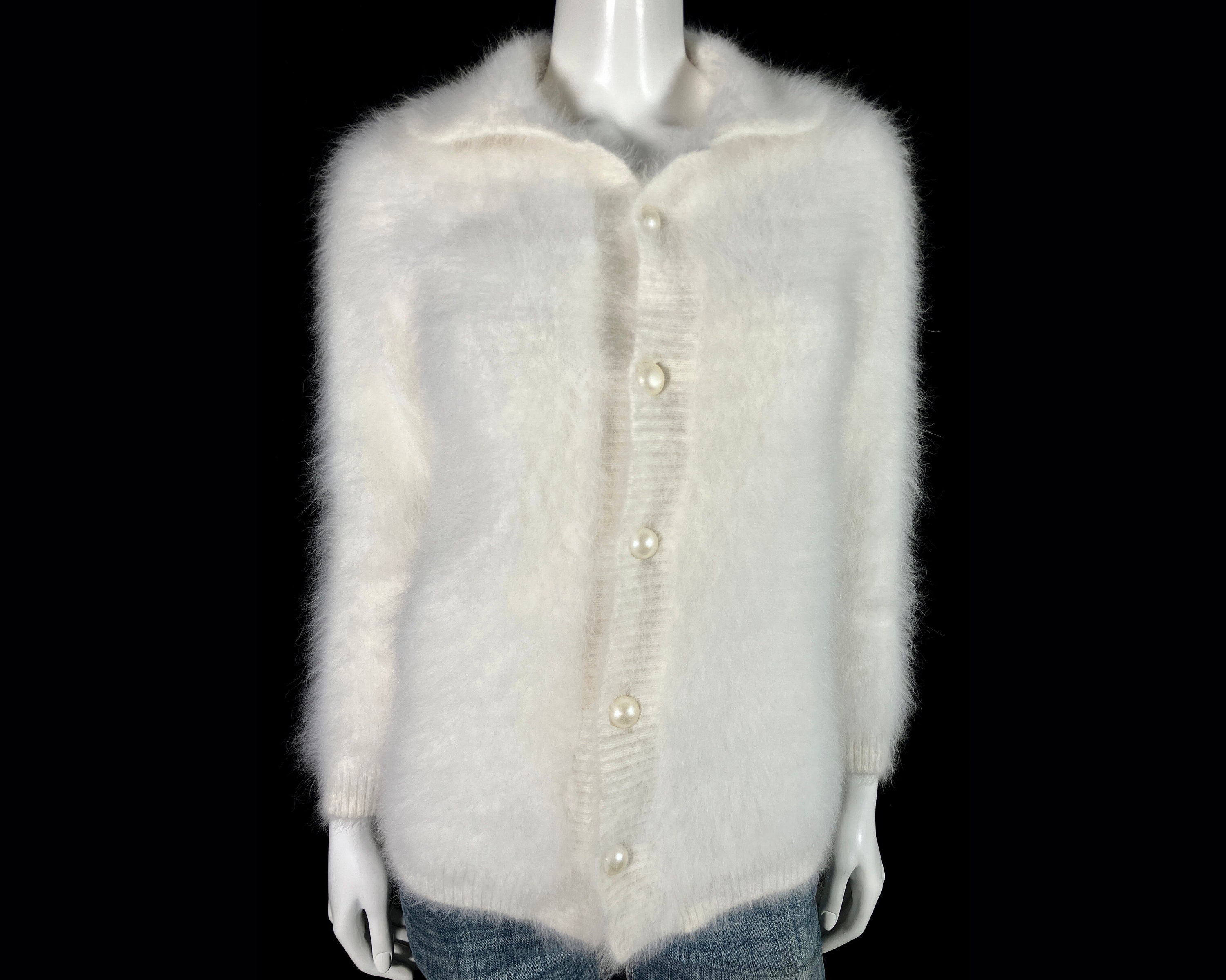 80% Angora Fuzzy White Collared Long Sleeve Cardigan Sweater