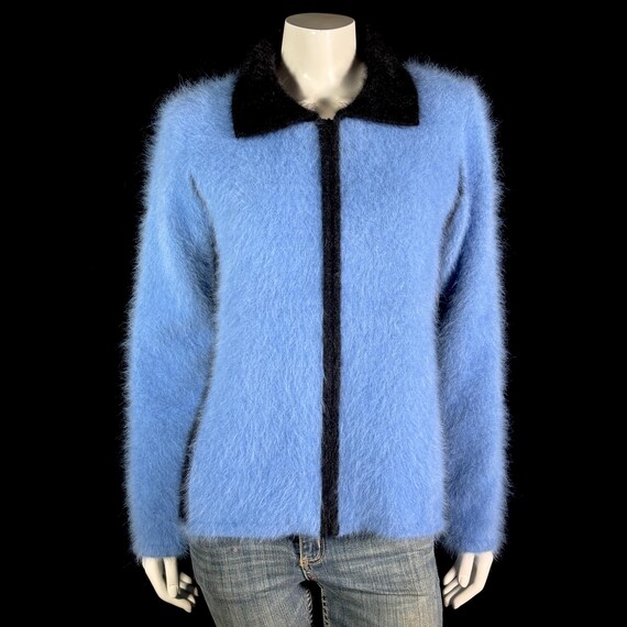 80% Angora Fuzzy Vintage VENESHA Blue Black Zipper Sweater Jacket