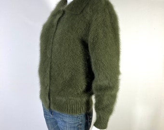 80% Angora Fuzzy Vintage VENESHA Olive-green Lined Sweater Jacket