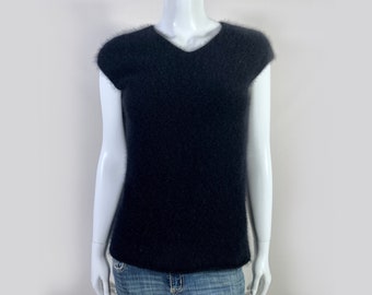 80% Angora Fuzzy Vintage DKNY Black Cap Sleeve V-Neck Sweater 34"-Bust