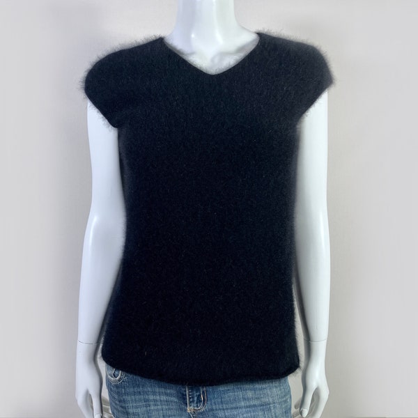 80% Angora Fuzzy Vintage DKNY Black Cap Sleeve V-Neck Sweater 34"-Bust